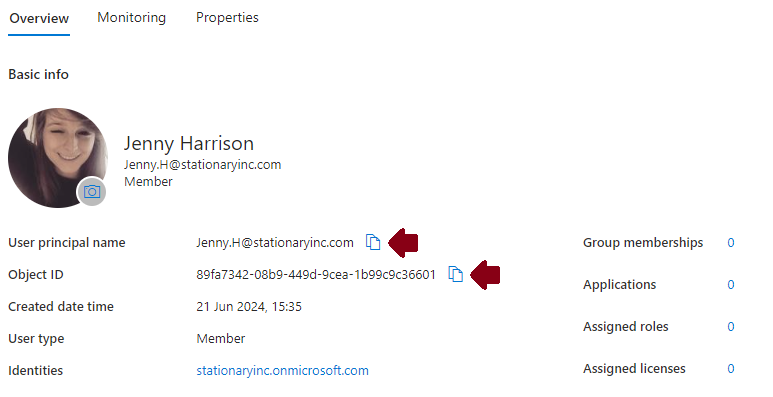 Details panel of Jennys Principal in the Azure Portal